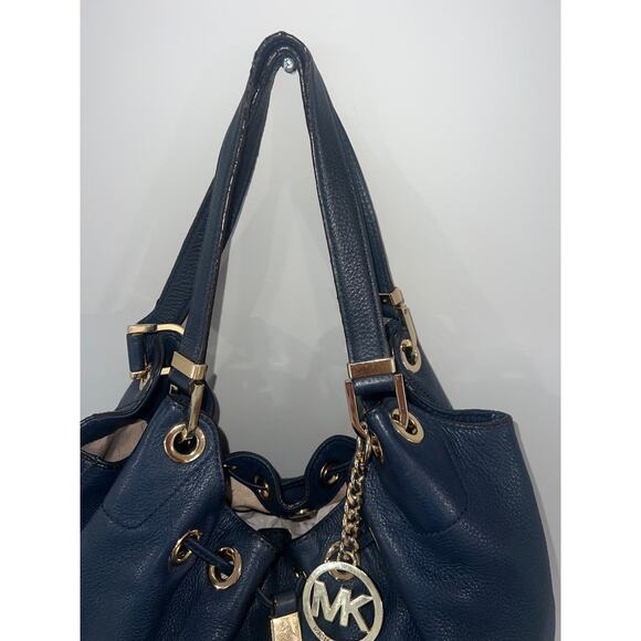 Michael Kors Navy Camden Blue Leather Drawstring Hobo Shoulder Bag Tassel - Picture 4 of 14